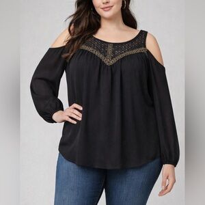 Xhilaration Black Cold Shoulder Lace Blouse XL Boho Semi Sheer Top